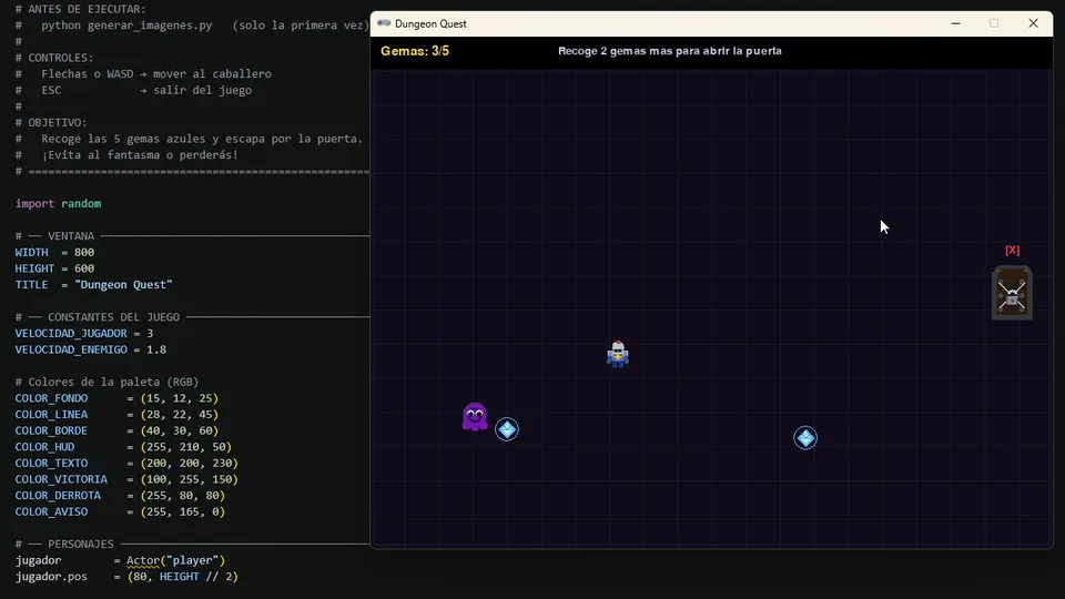 Código de Dungeon Quest en Python junto al juego en ejecución