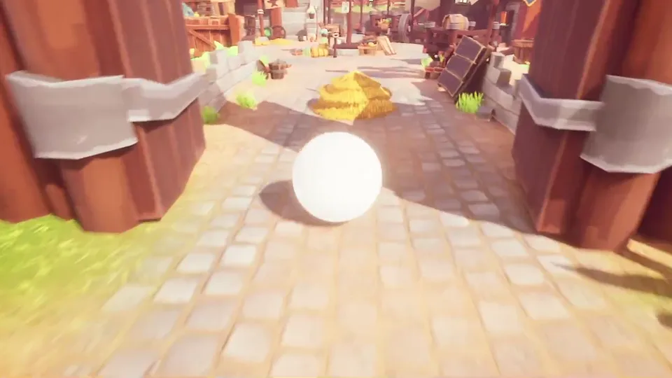 Esfera rodando por una aldea medieval en Unreal Engine 5