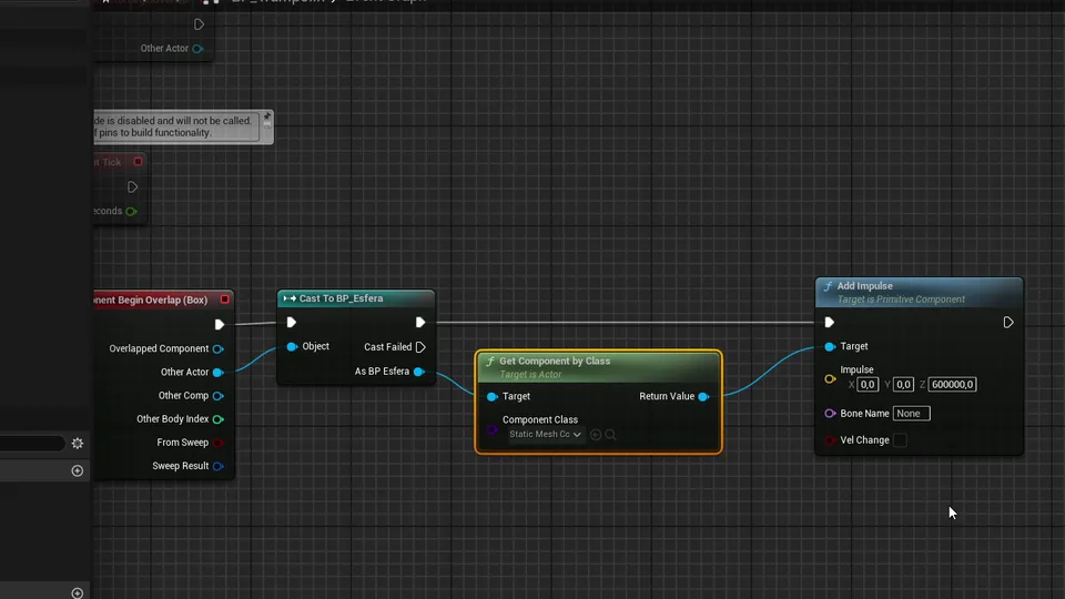 Gráfico de Blueprints que da impulso a la esfera al tocar el trampolín